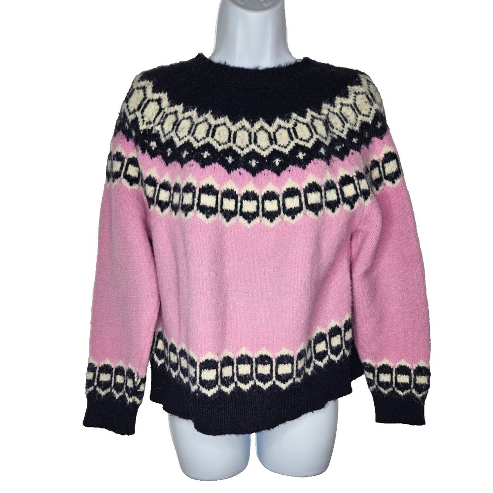 RD Style Fair Isle Sweater Womens Medium Pink Nordic Knit Cozy Pullover